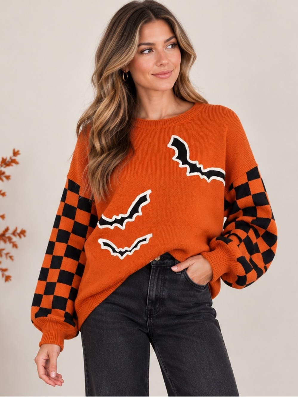 MELLO Halloween Bat Checkered Sleeve Knit Sweater
